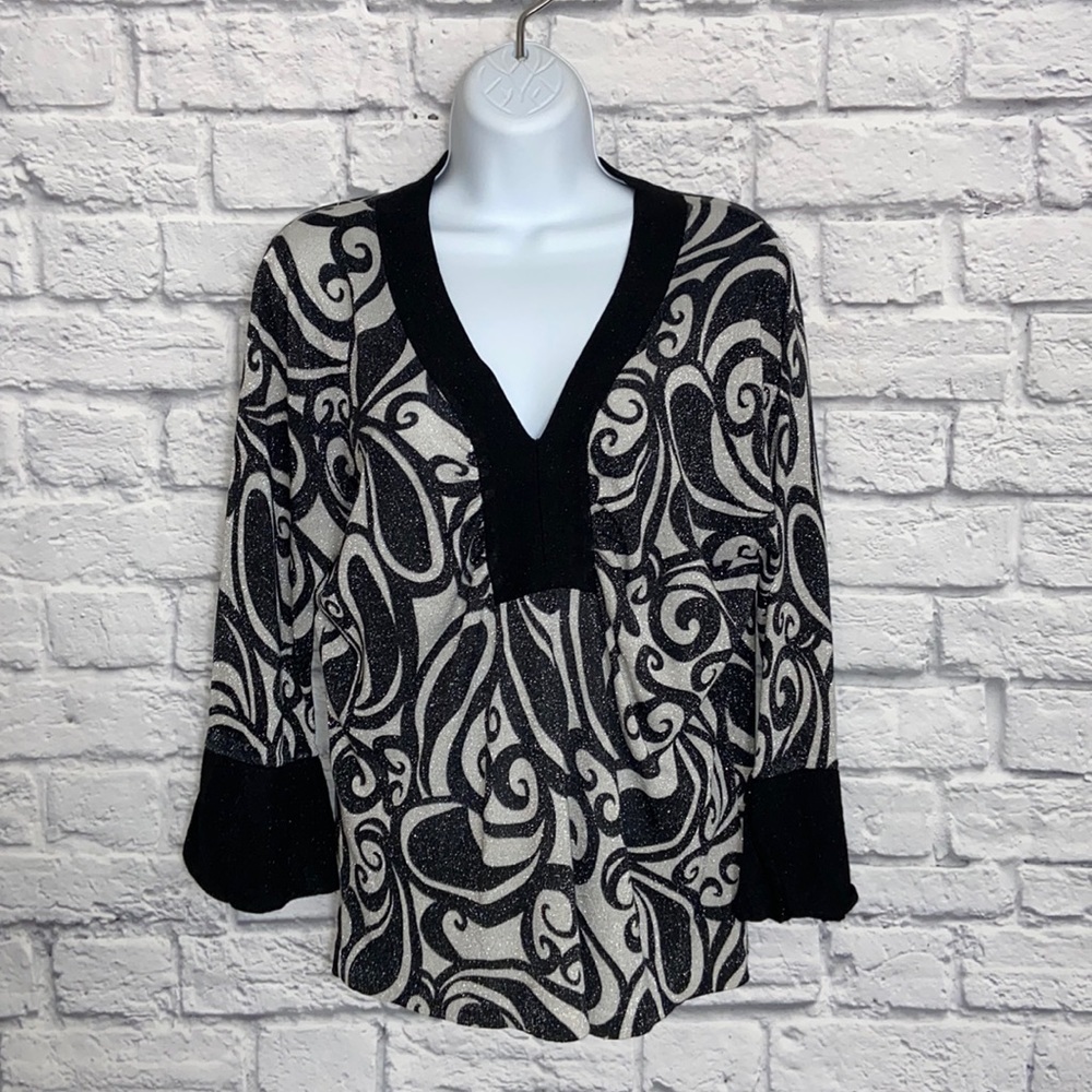 C'est City XL Black and White Metallic Sparkle Silk Blouse